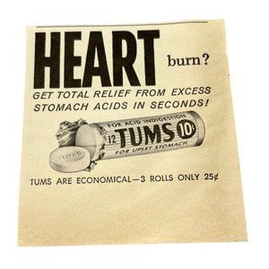 Vintage 1958 Print Ad Tums Rolls Heart Burn Relief Acid Indigestion 10 Cents